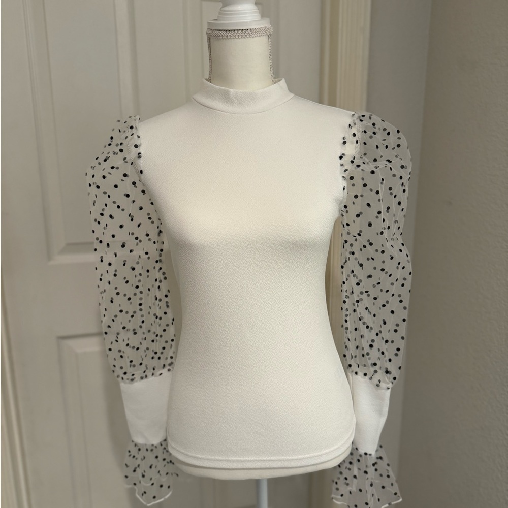 Stretch Crepe Top with Organza Sleeves-M